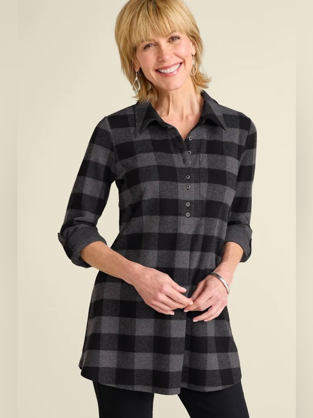 SOFT SURROUNDINGS Plaid Popover Tunic Long Sleeve Top